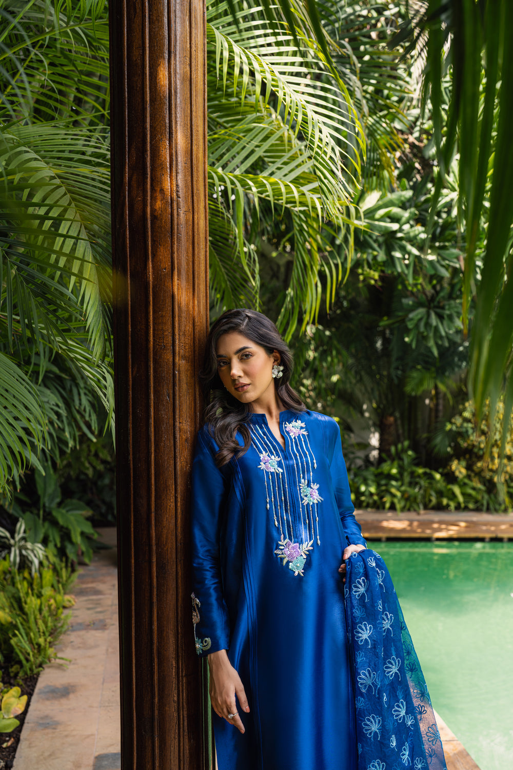 Khushboo &amp; Pankaj Women Royal Blue Embroidered Silk Suit Set