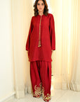 Khushboo & Pankaj Red Silk Embroidered Farshi Kurta Set