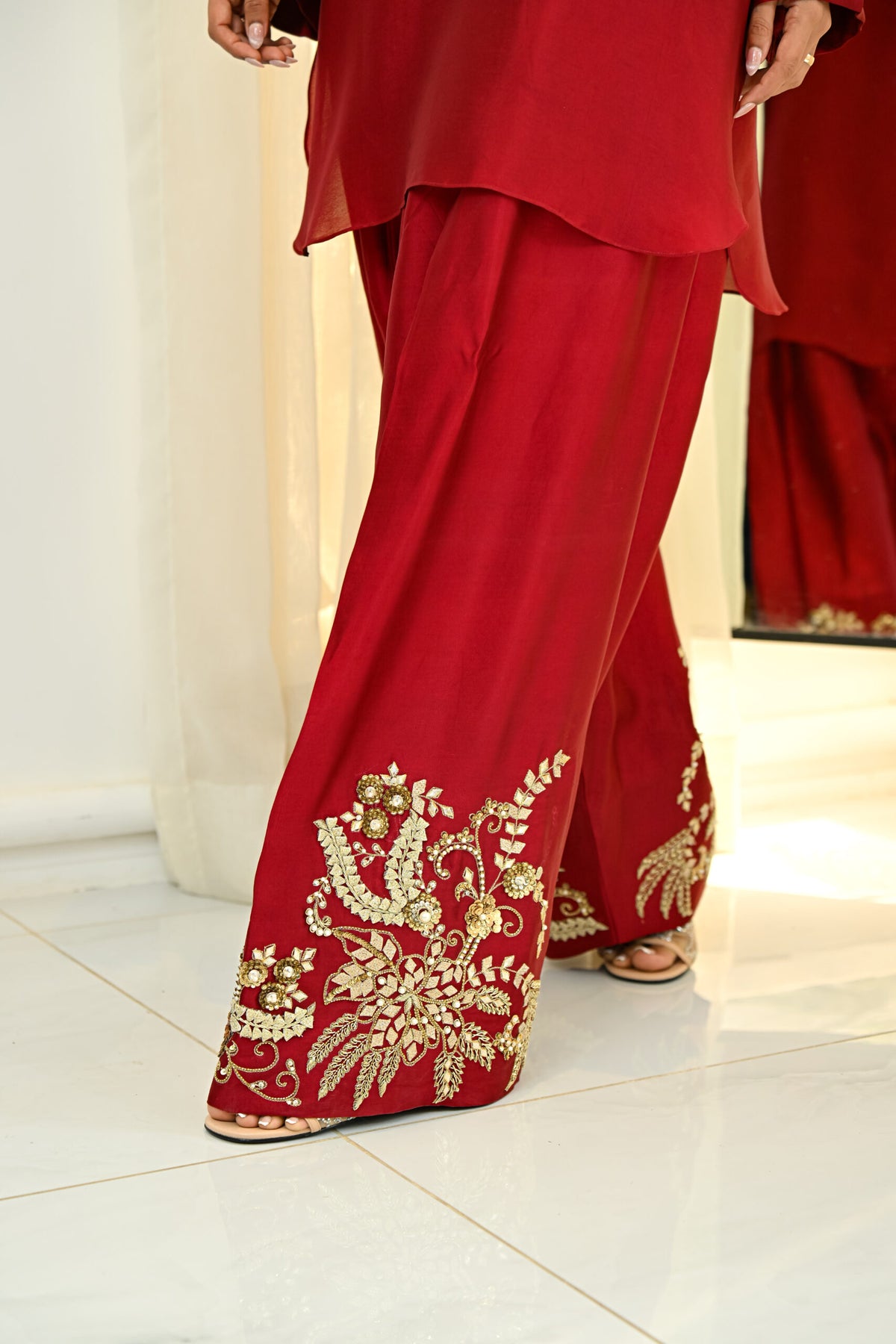 Khushboo &amp; Pankaj Red Silk Embroidered Farshi Kurta Set