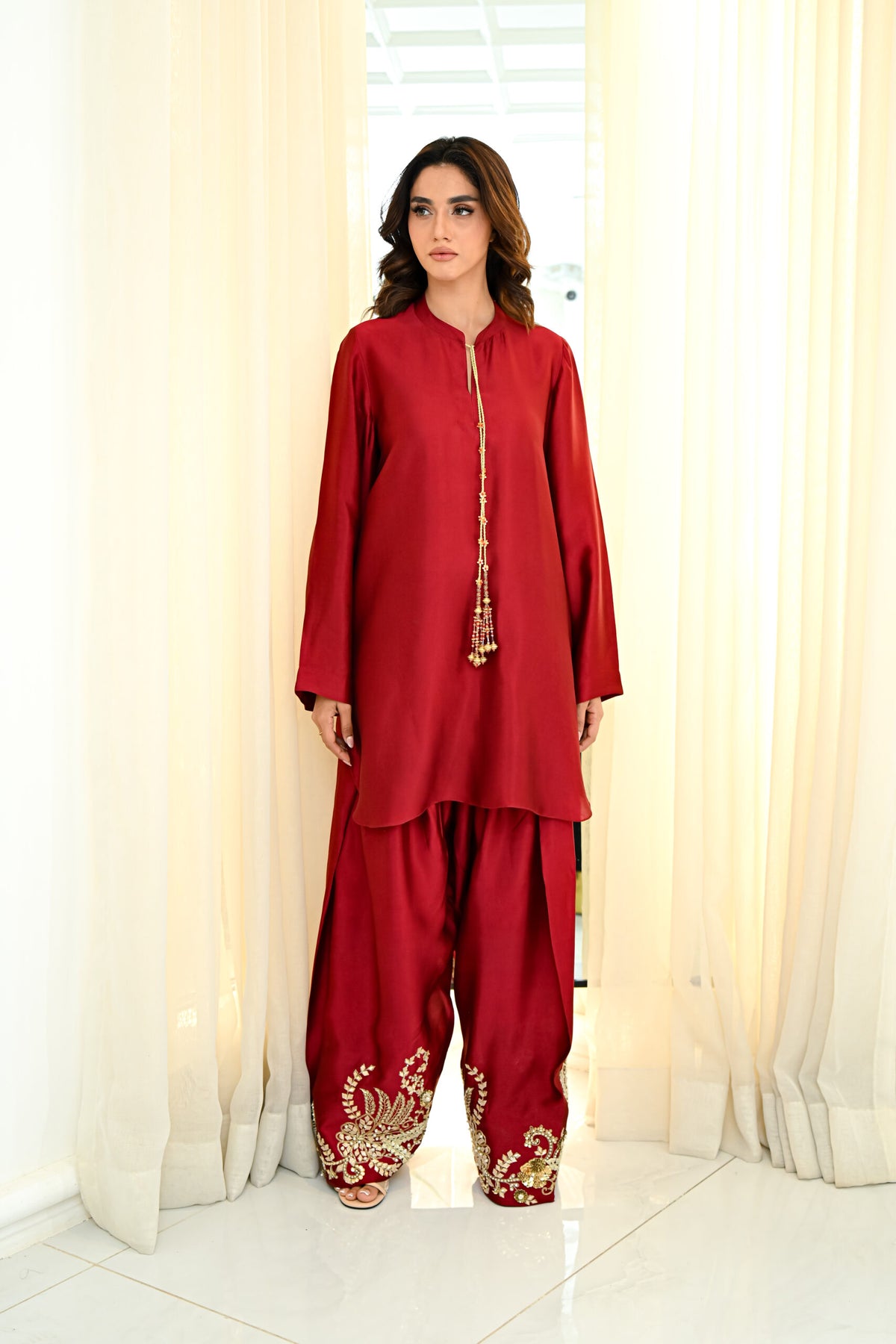 Khushboo &amp; Pankaj Red Silk Embroidered Farshi Kurta Set