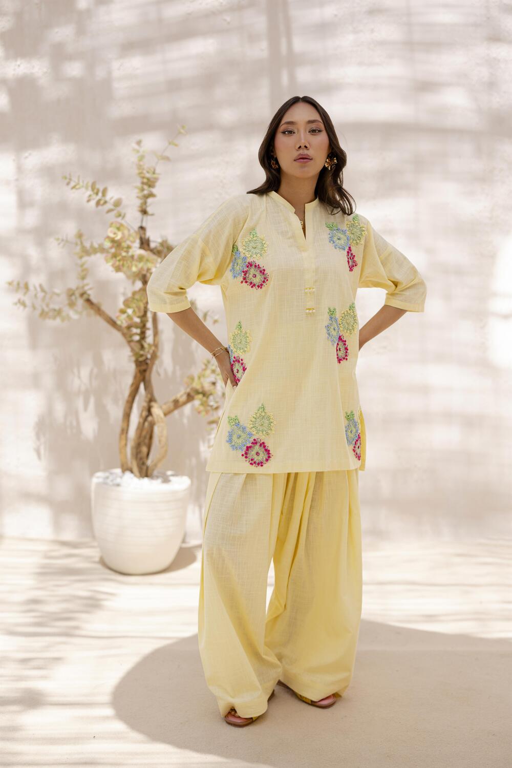 Khushboo &amp; Pankaj Women Lemon Yellow Embroidered Kurta Set with Salwar