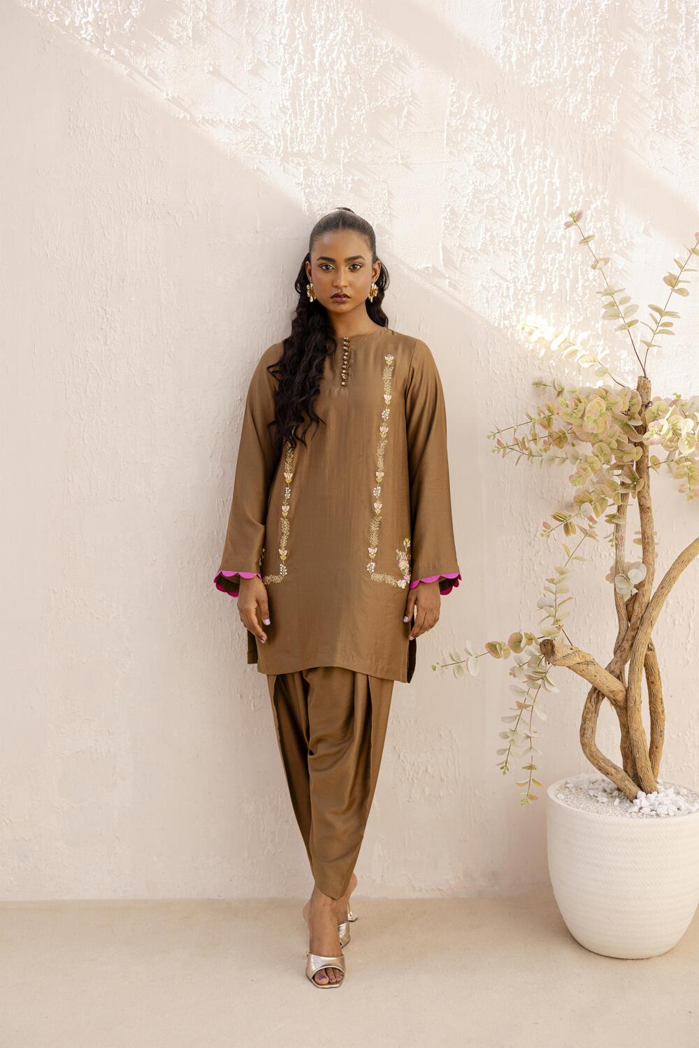 Khushboo &amp; Pankaj Mocha Embroidered Kurta Set with Tulip Pants