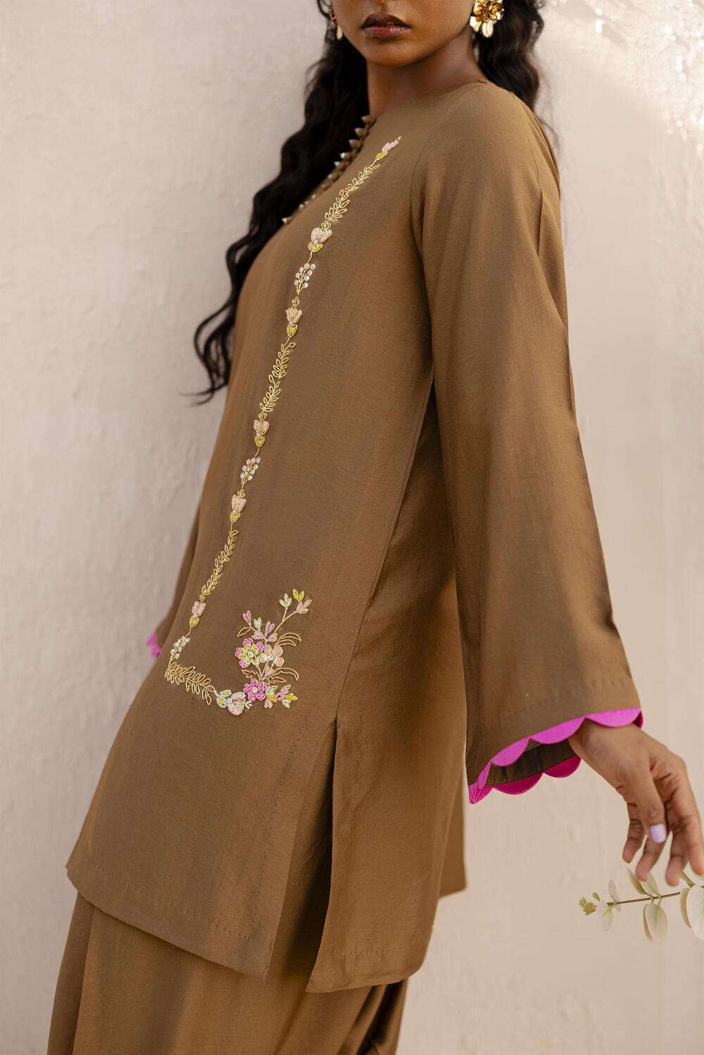 Khushboo &amp; Pankaj Mocha Embroidered Kurta Set with Tulip Pants