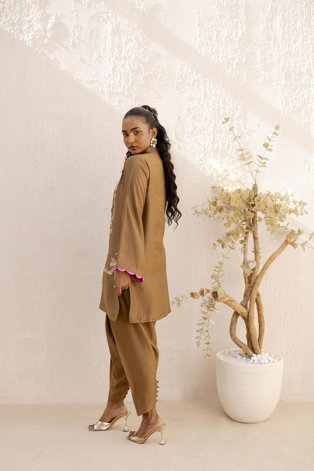 Khushboo &amp; Pankaj Mocha Embroidered Kurta Set with Tulip Pants