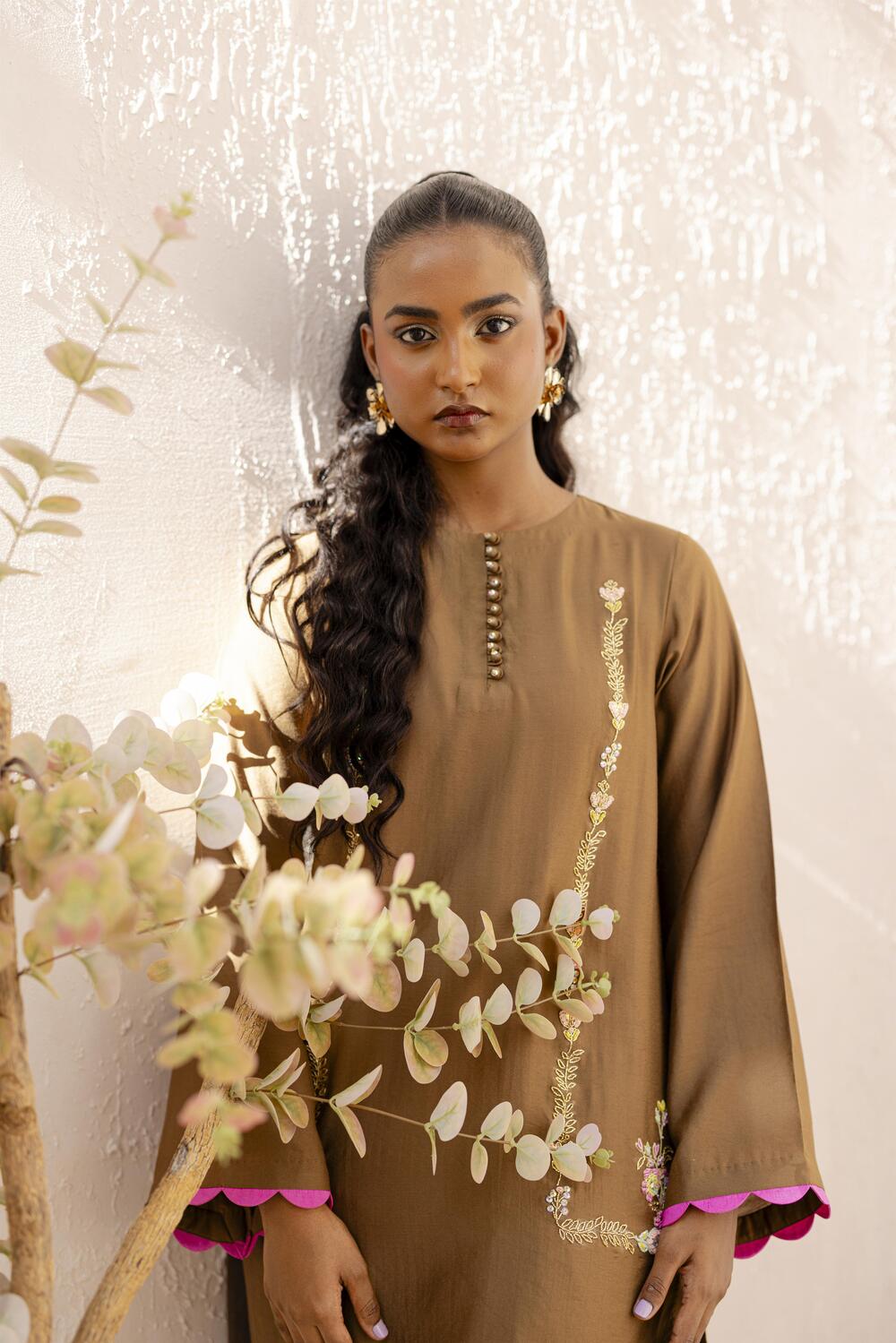 Khushboo &amp; Pankaj Mocha Embroidered Kurta Set with Tulip Pants