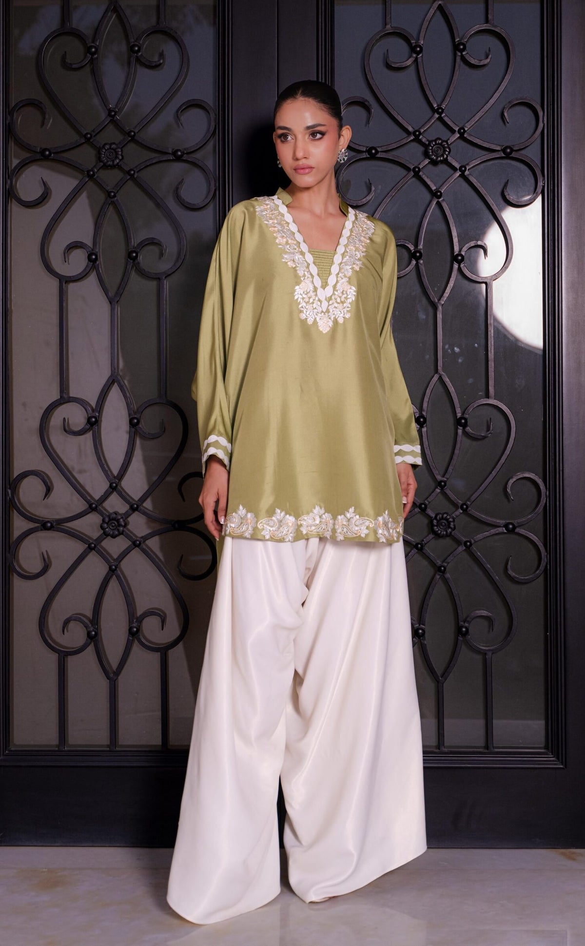 Khushboo &amp; Pankaj Women Olive Green Embroidered Kurta Set with Farshi Salwar