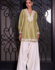 Khushboo & Pankaj Women Olive Green Embroidered Kurta Set with Farshi Salwar