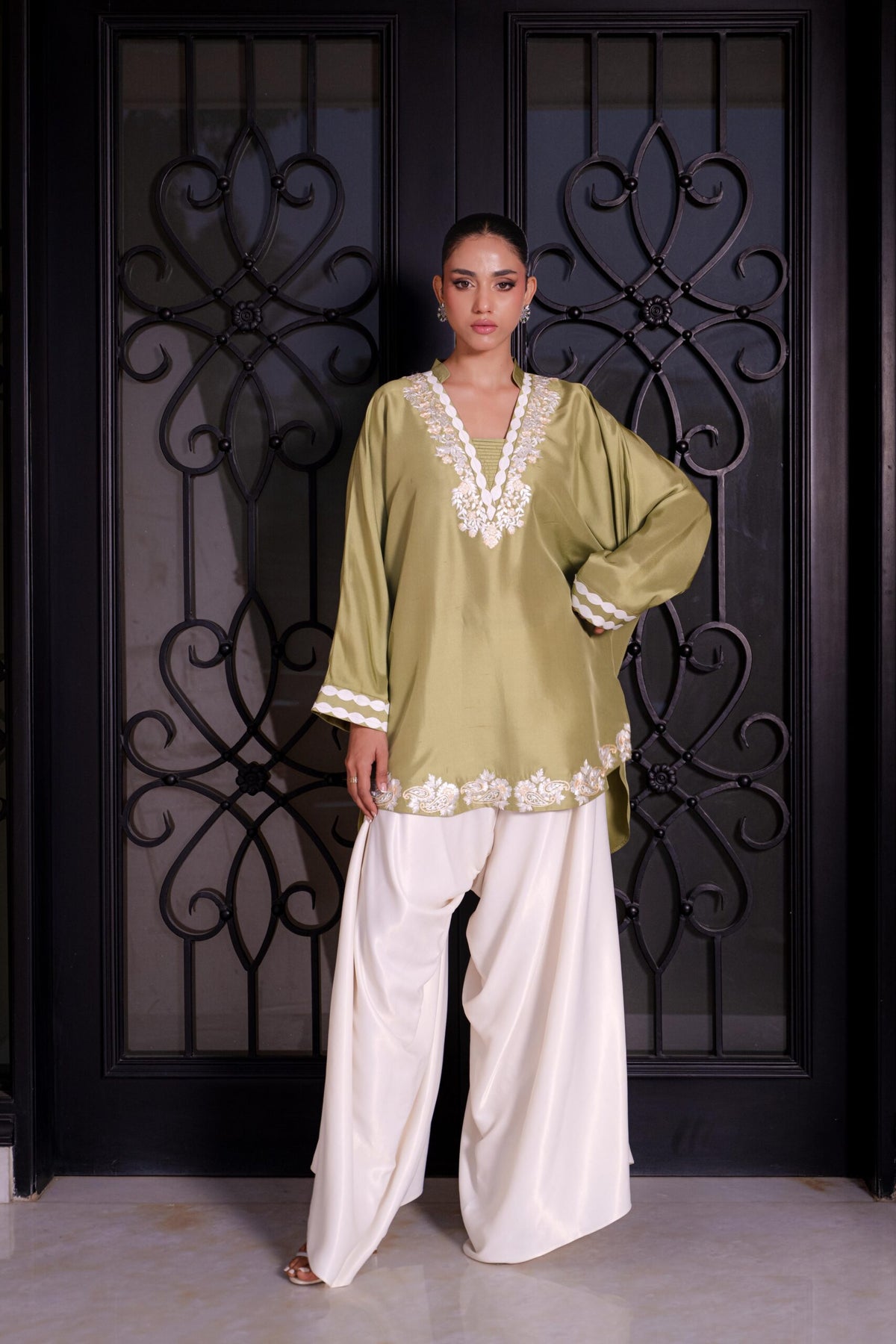 Khushboo &amp; Pankaj Women Olive Green Embroidered Kurta Set with Farshi Salwar