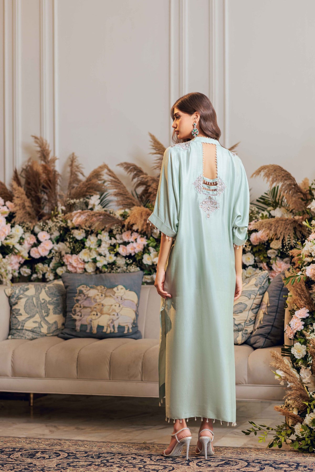 Khushboo &amp; Pankaj Seafoam Silk Kaftan Kurta Set