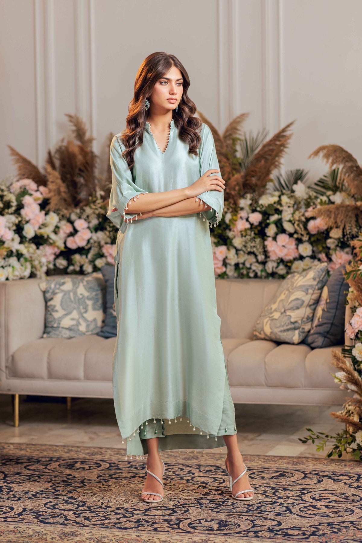 Khushboo &amp; Pankaj Seafoam Silk Kaftan Kurta Set