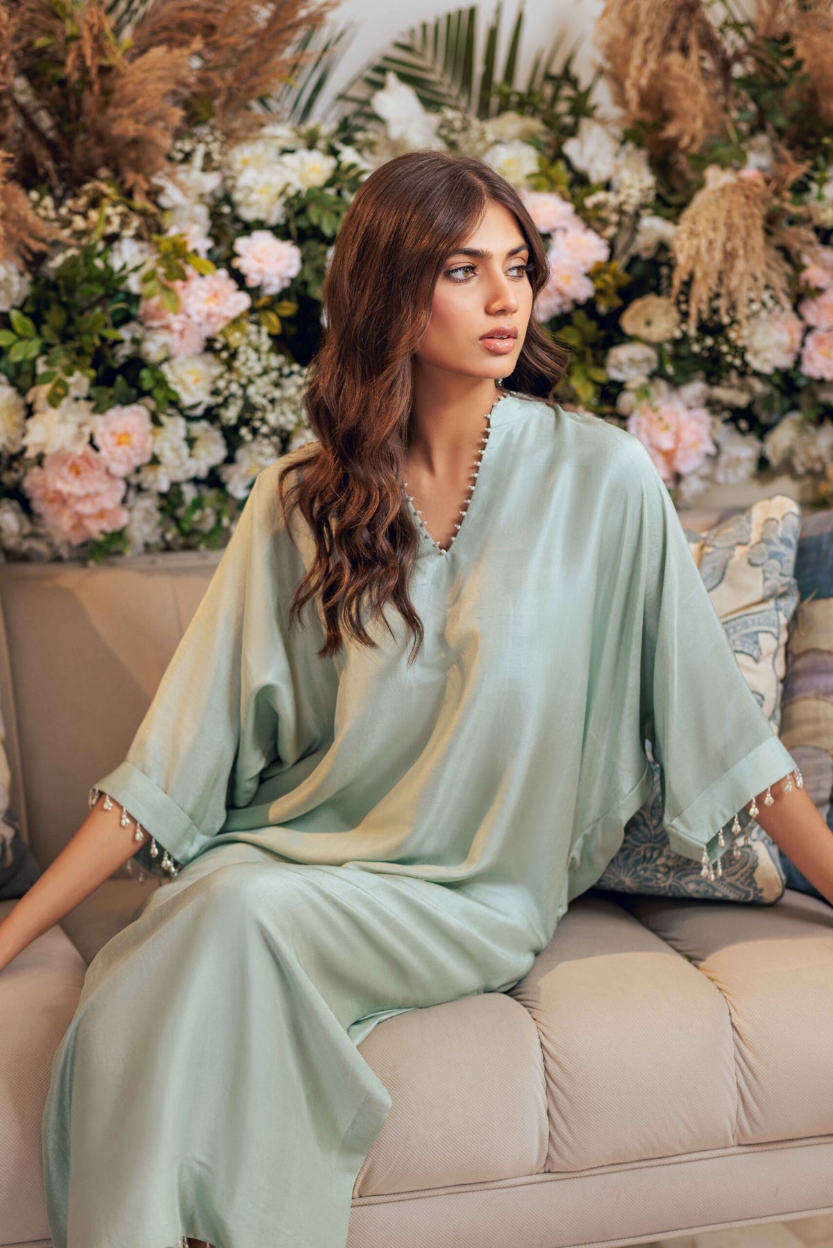 Khushboo &amp; Pankaj Seafoam Silk Kaftan Kurta Set