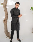 Khushboo & Pankaj All-Black Nehru Jacket Kurta & Trouser 3-Pc Set (SAFA)