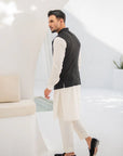 Khushboo & Pankaj Black Nehru Jacket Off-White Kurta & Salwar 3-Pc Set (SAFA)