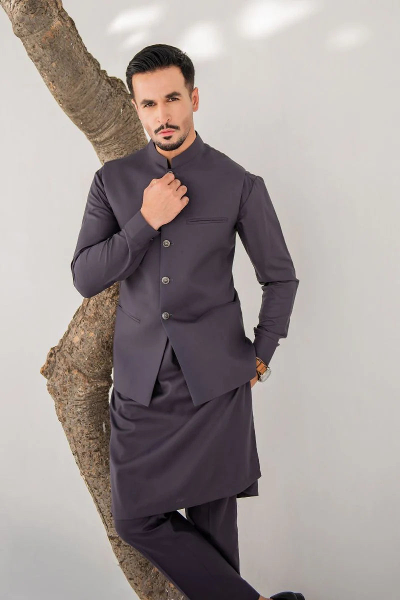 Khushboo &amp; Pankaj Charcoal Grey Nehru Jacket Kurta &amp; Trouser 3-Pc Set (SAFA)