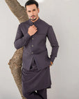 Khushboo & Pankaj Charcoal Grey Nehru Jacket Kurta & Trouser 3-Pc Set (SAFA)