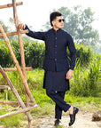Khushboo & Pankaj Navy Blue Nehru Jacket Kurta & Trouser 3-Pc Set (SAFA)