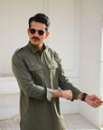 Khushboo & Pankaj Olive Green Cotton Safari Kurta & Trouser Set (SAFA Collection)