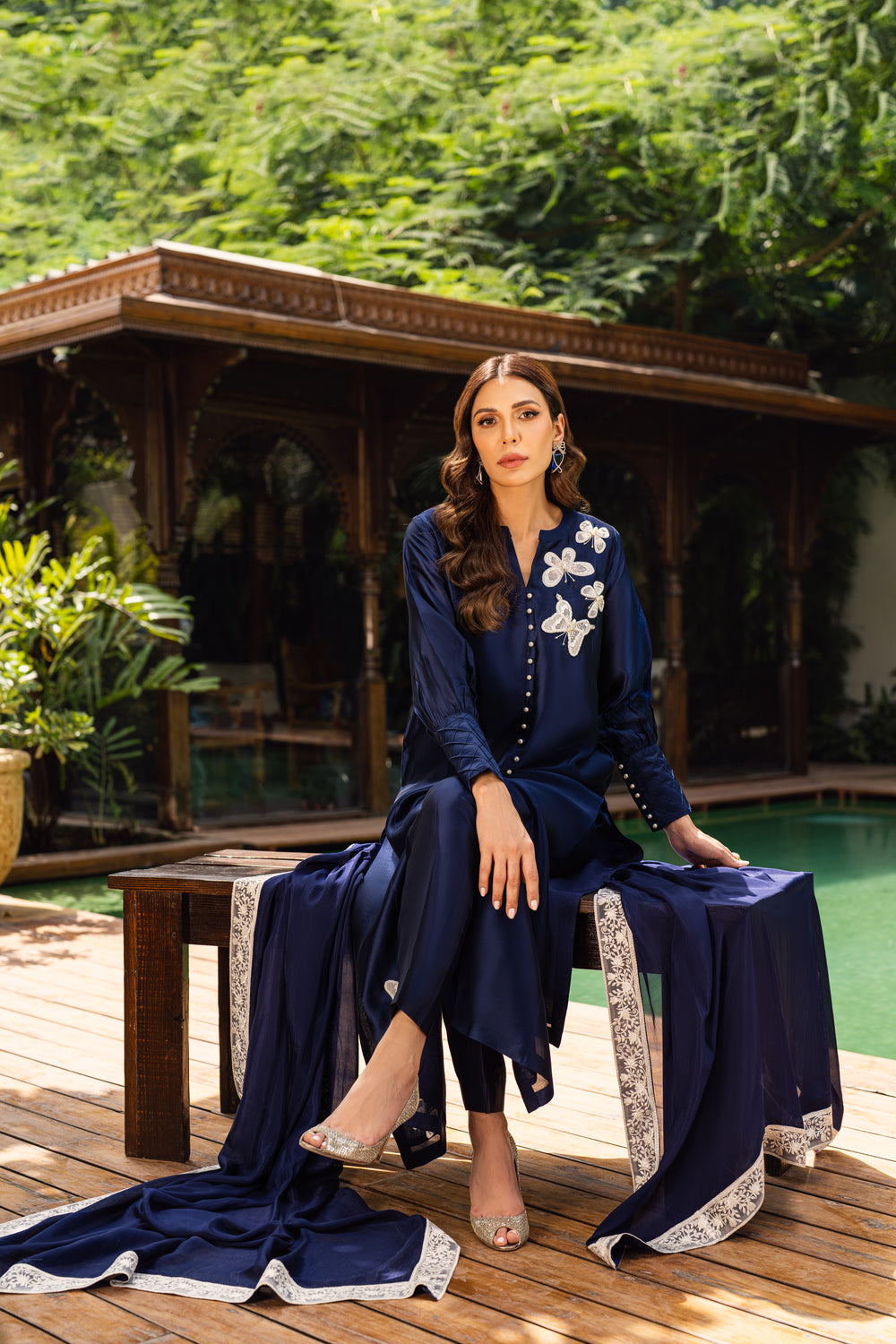 Khushboo &amp; Pankaj Women Navy Blue Embroidered Silk Suit Set