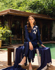 Khushboo & Pankaj Women Navy Blue Embroidered Silk Suit Set