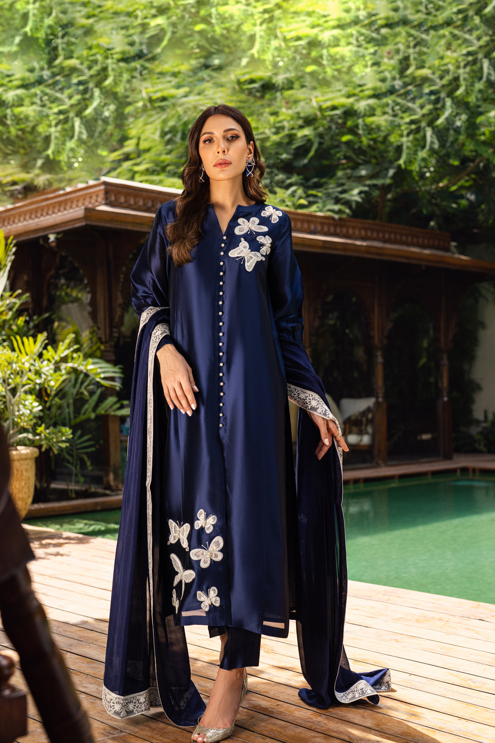 Khushboo &amp; Pankaj Women Navy Blue Embroidered Silk Suit Set