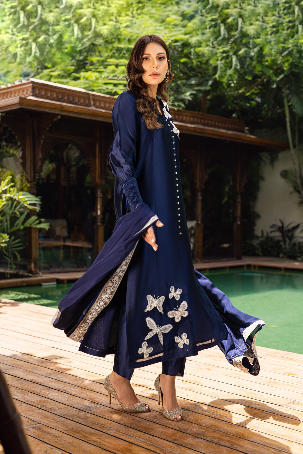 Khushboo &amp; Pankaj Women Navy Blue Embroidered Silk Suit Set