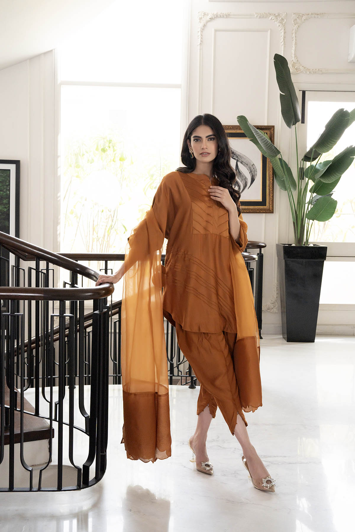 Khushboo &amp; Pankaj Women Rust Brown Glace Cotton/Cotton Silk Suit Set