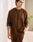 Khushboo & Pankaj Chocolate Brown Linen Band Collar Co-Ord Shirt Set (SAND)