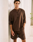 Khushboo & Pankaj Chocolate Brown Linen Band Collar Co-Ord Shirt Set (SAND)