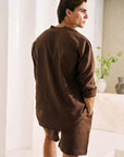 Khushboo & Pankaj Chocolate Brown Linen Band Collar Co-Ord Shirt Set (SAND)
