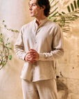 Khushboo & Pankaj Natural Beige Linen Band Collar Co-Ord Shirt Set (SAND)
