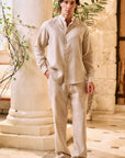 Khushboo & Pankaj Natural Beige Linen Band Collar Co-Ord Shirt Set (SAND)