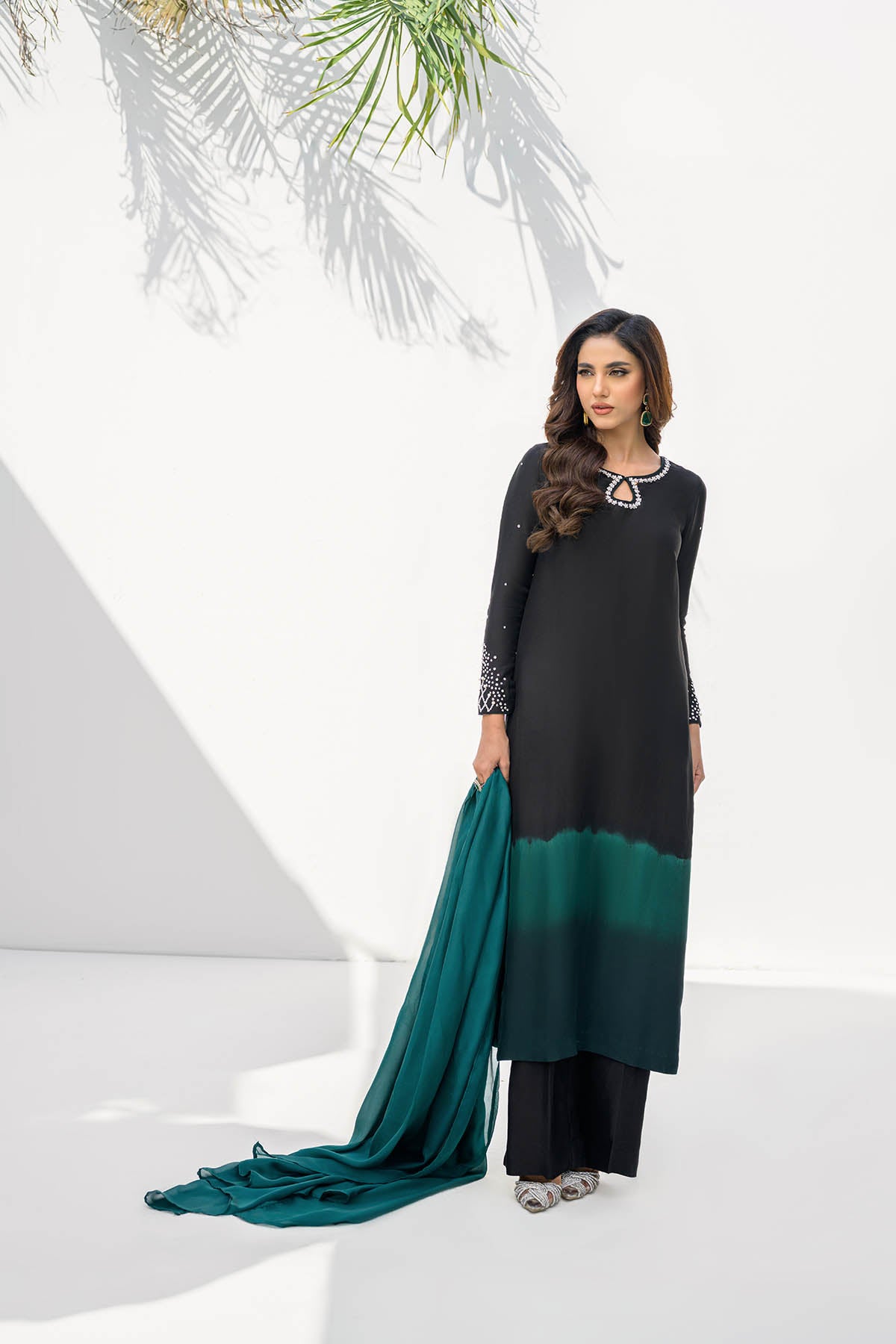 Khushboo &amp; Pankaj Women Black Green Shaded Embroidered Suit Set