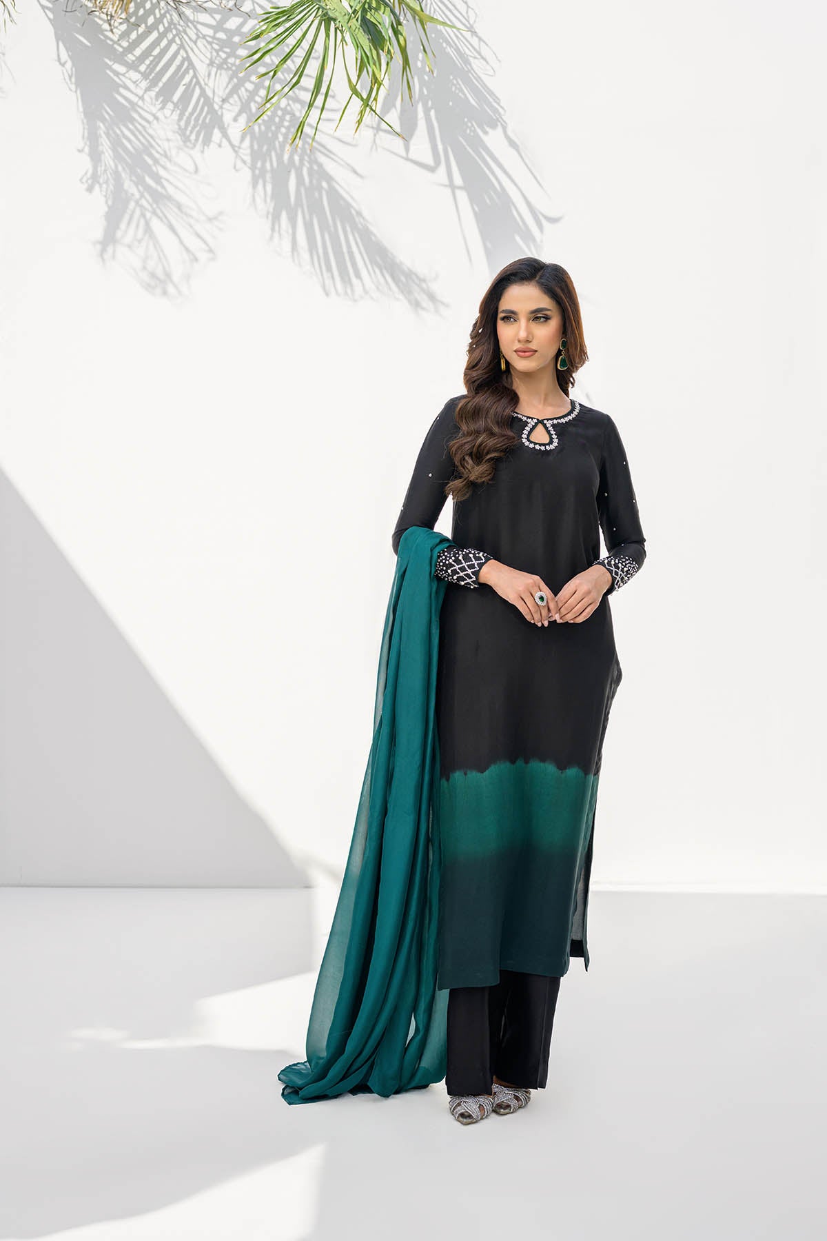 Khushboo &amp; Pankaj Women Black Green Shaded Embroidered Suit Set