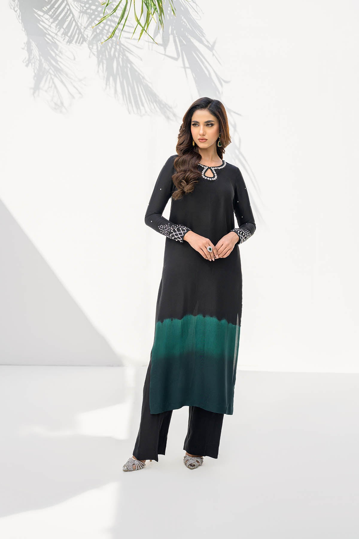 Khushboo &amp; Pankaj Women Black Green Shaded Embroidered Suit Set