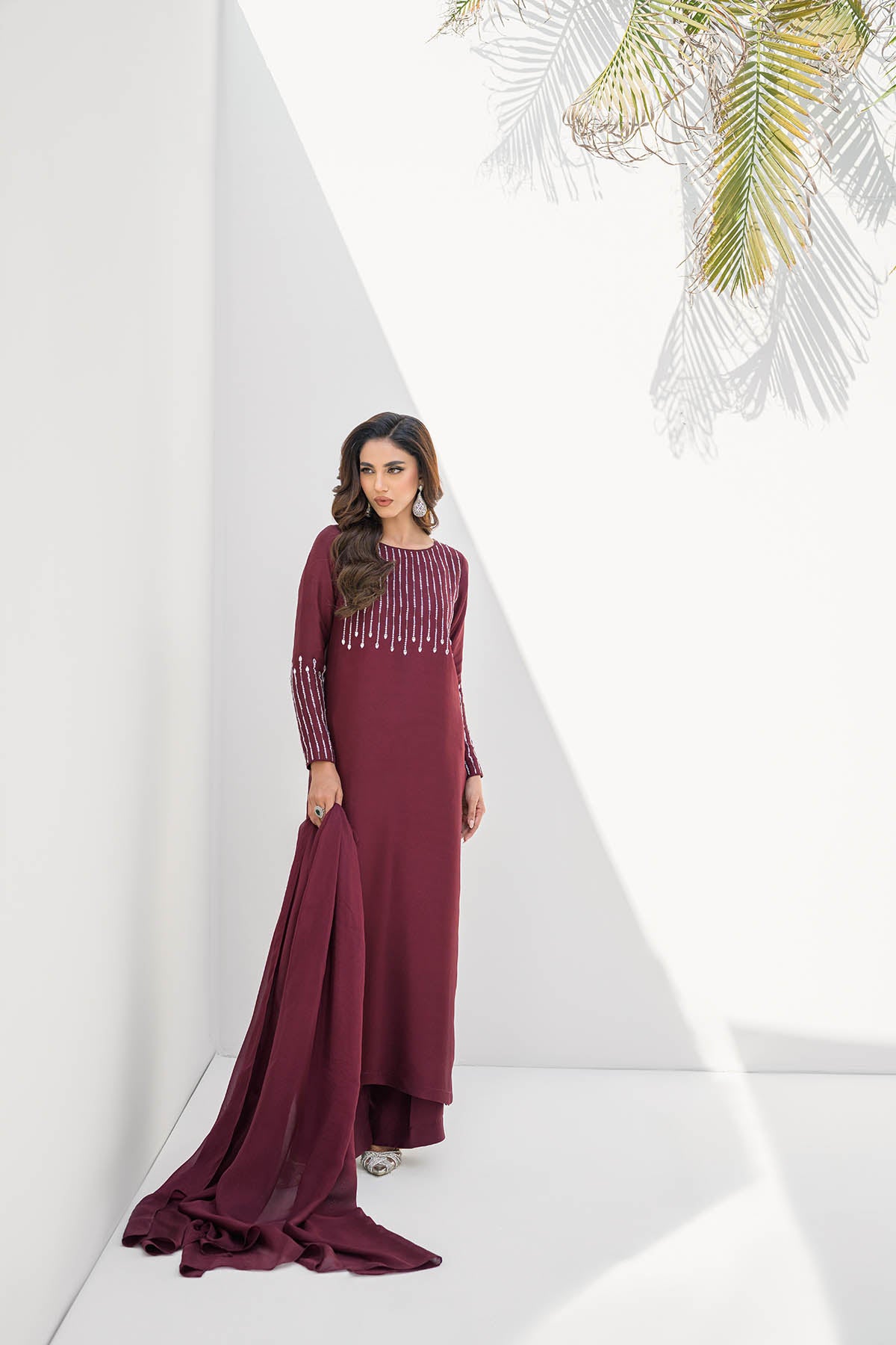 Khushboo &amp; Pankaj Women Maroon Glace Cotton Embroidered Suit Set