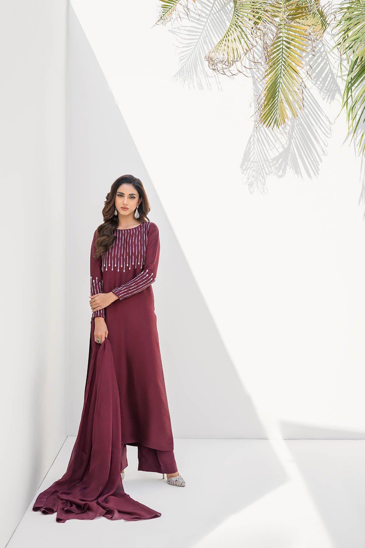 Khushboo &amp; Pankaj Women Maroon Glace Cotton Embroidered Suit Set