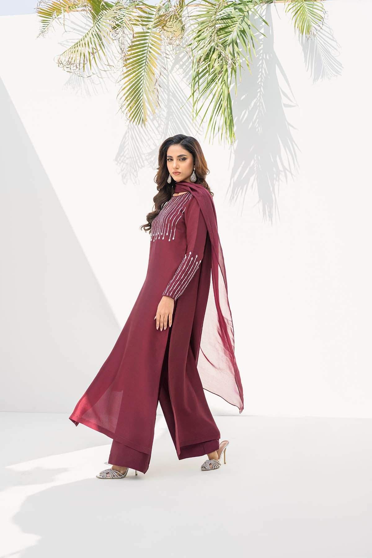 Khushboo &amp; Pankaj Women Maroon Glace Cotton Embroidered Suit Set