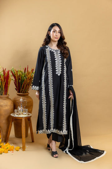 Khushboo &amp; Pankaj Noir Ivory Embroidered Suit Set