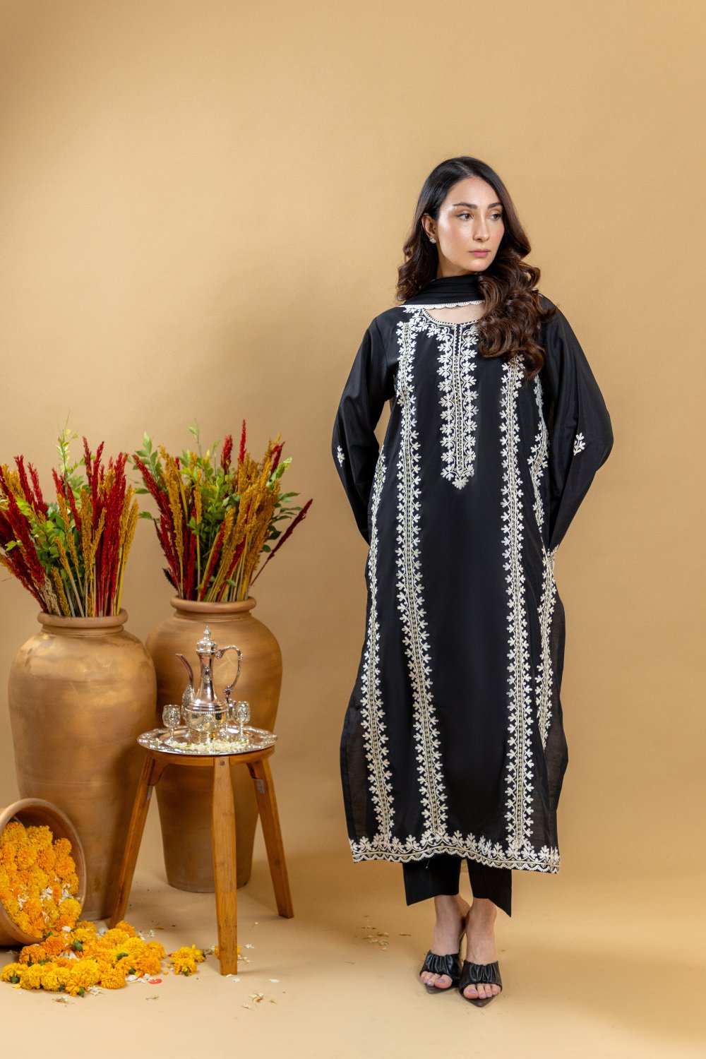 Khushboo &amp; Pankaj Noir Ivory Embroidered Suit Set