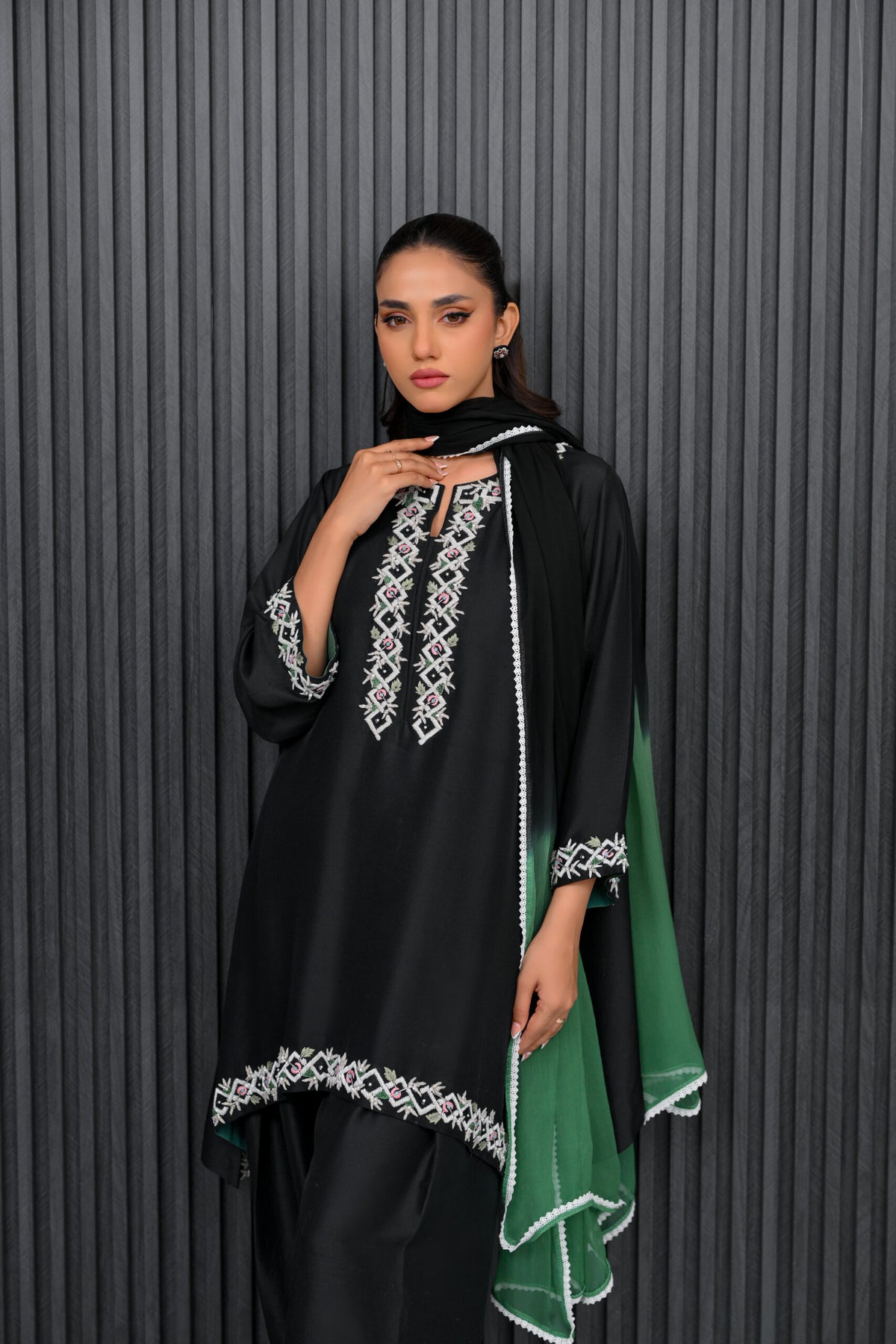 Khushboo &amp; Pankaj Black and Green Embroidered Farshi Suit Set