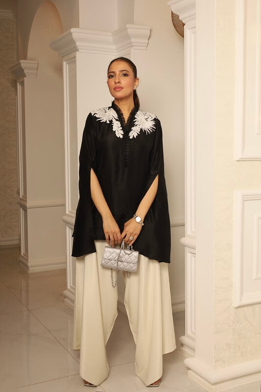 Khushboo &amp; Pankaj Black &amp; Ivory Embroidered Silk Suit Set