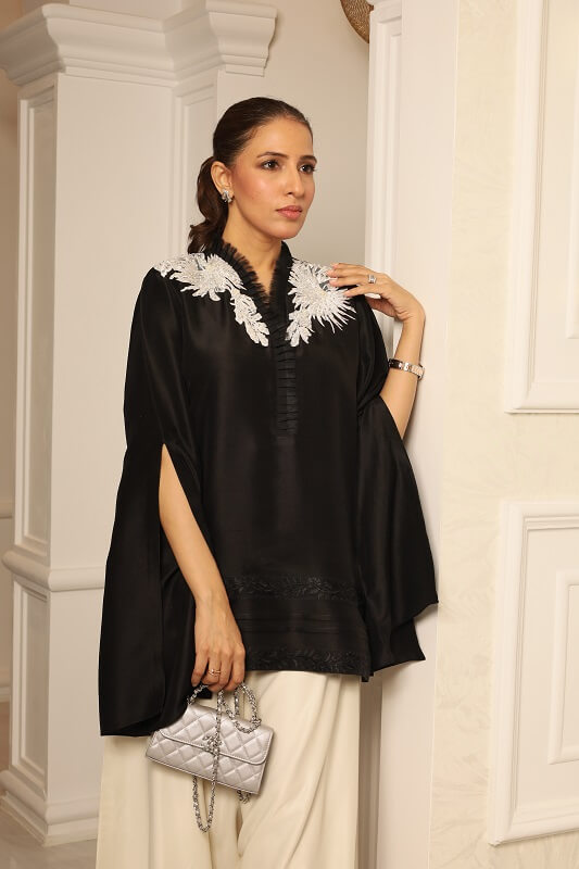 Khushboo &amp; Pankaj Black &amp; Ivory Embroidered Silk Suit Set