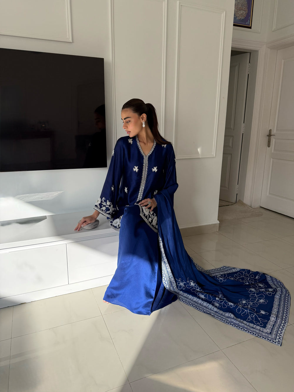 Khushboo &amp; Pankaj Royal Blue Embroidered Silk Suit Set with Dupatta