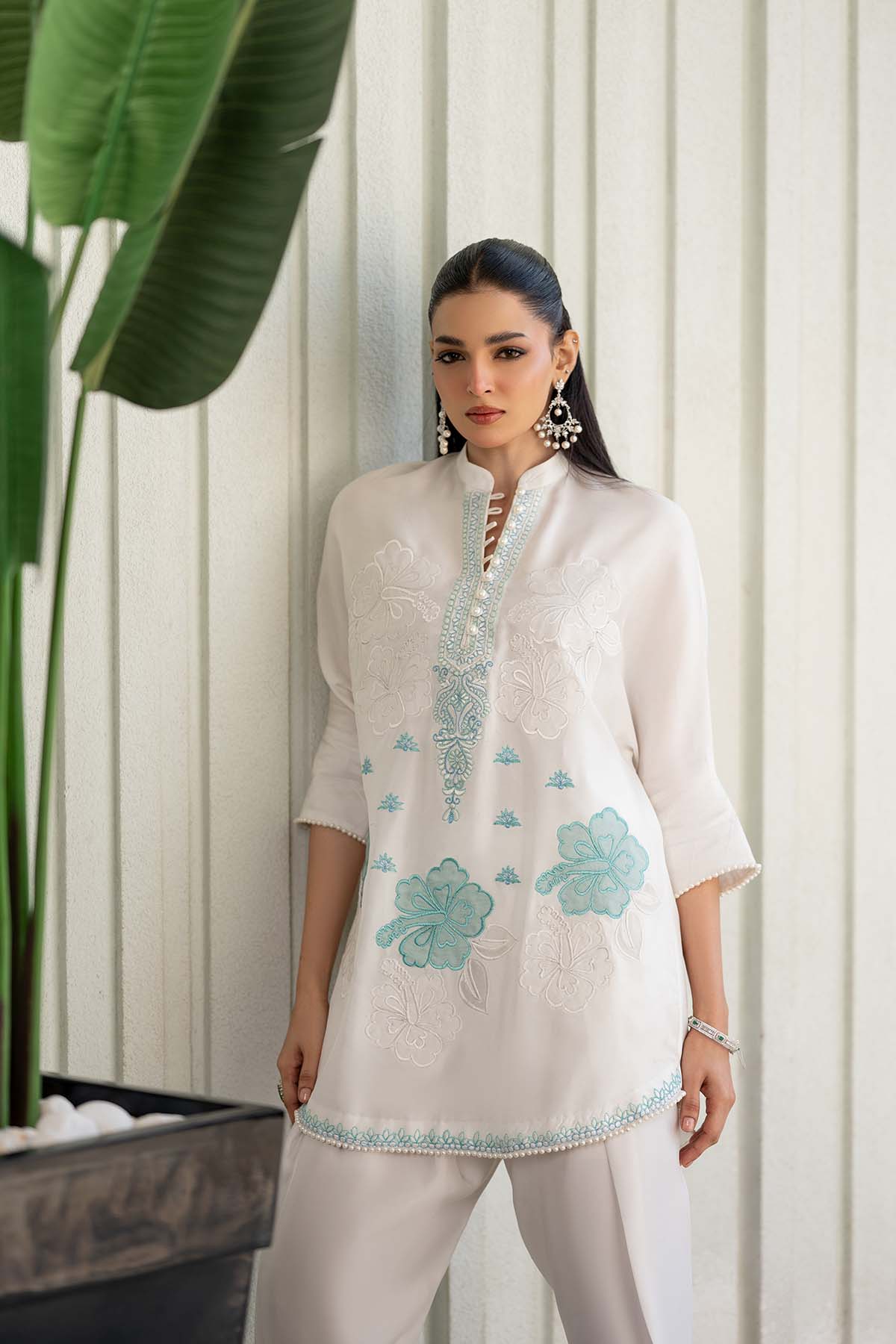 Khushboo &amp; Pankaj Ivory Aqua Embroidered Suit Set with Tulip Pants