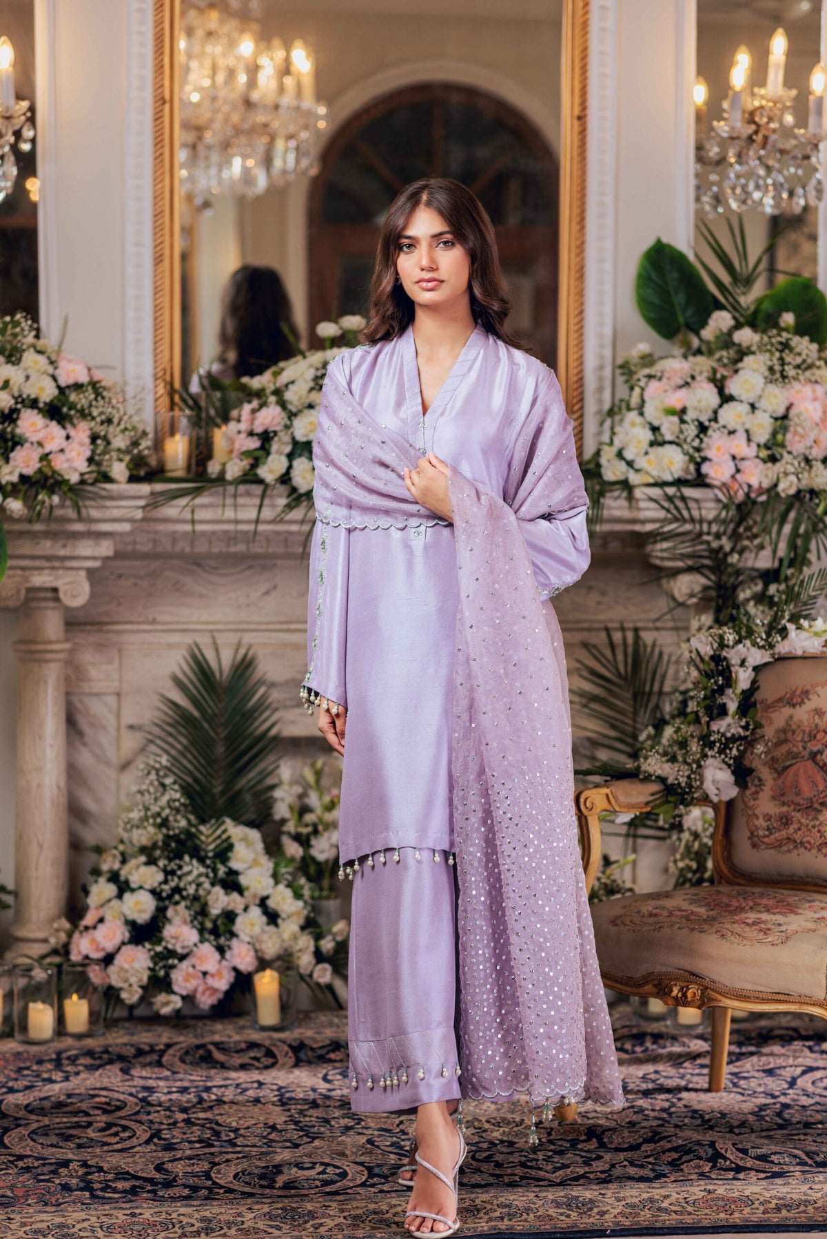 Khushboo &amp; Pankaj Women Lilac Embroidered Silk Suit Set with Organza Dupatta