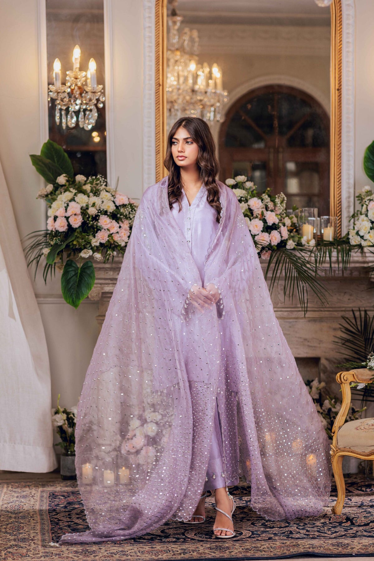 Khushboo &amp; Pankaj Women Lilac Embroidered Silk Suit Set with Organza Dupatta