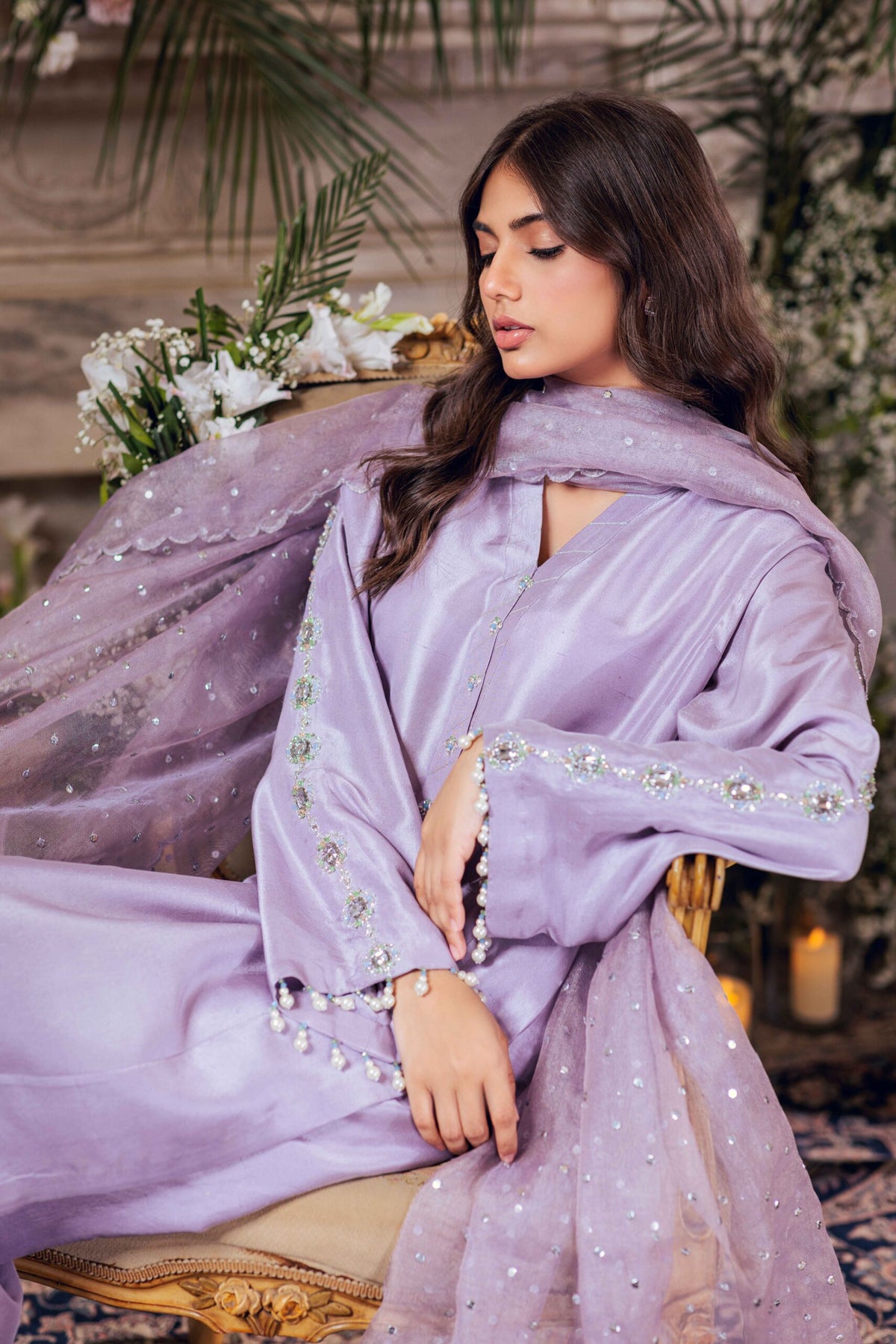 Khushboo &amp; Pankaj Women Lilac Embroidered Silk Suit Set with Organza Dupatta