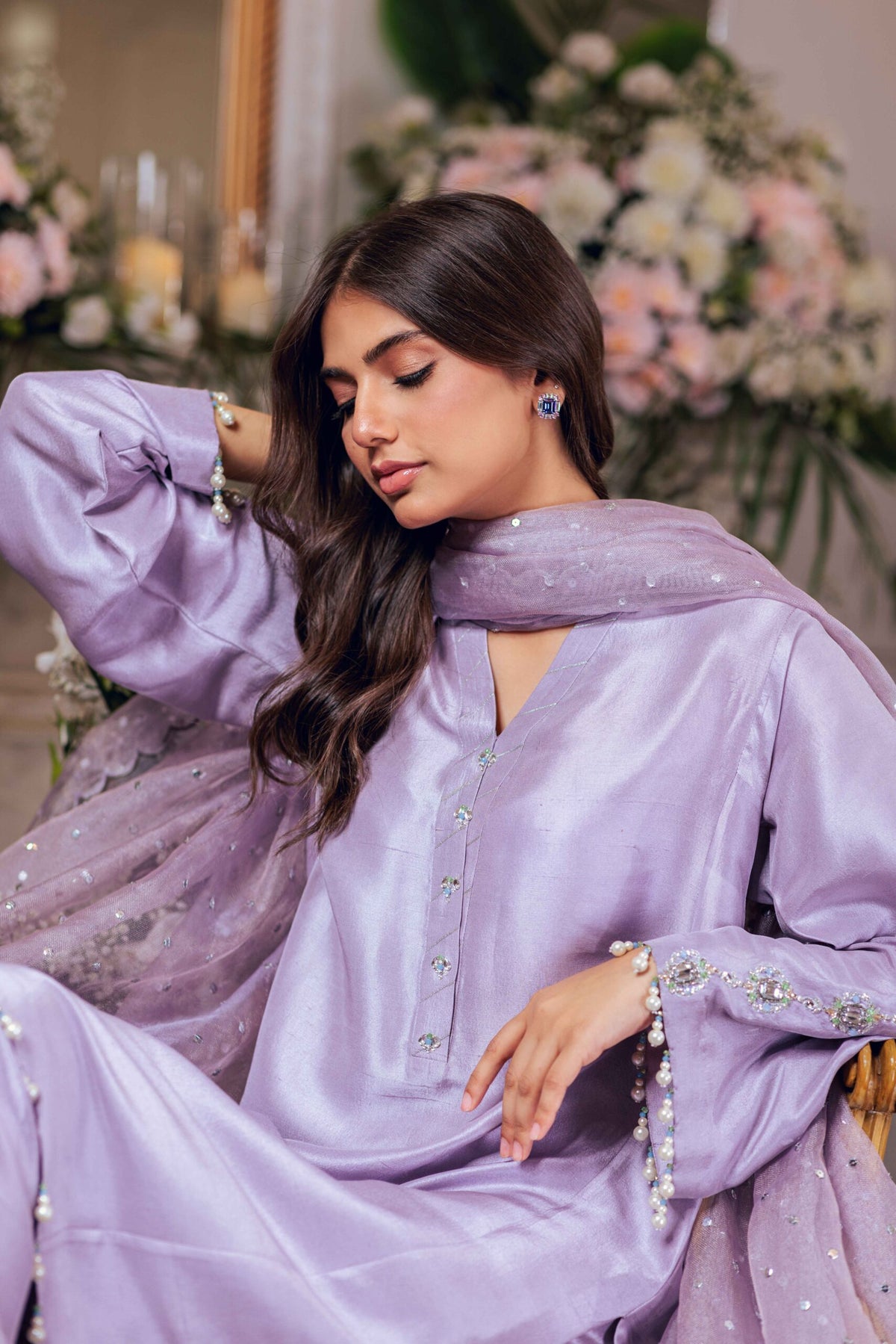 Khushboo &amp; Pankaj Women Lilac Embroidered Silk Suit Set with Organza Dupatta