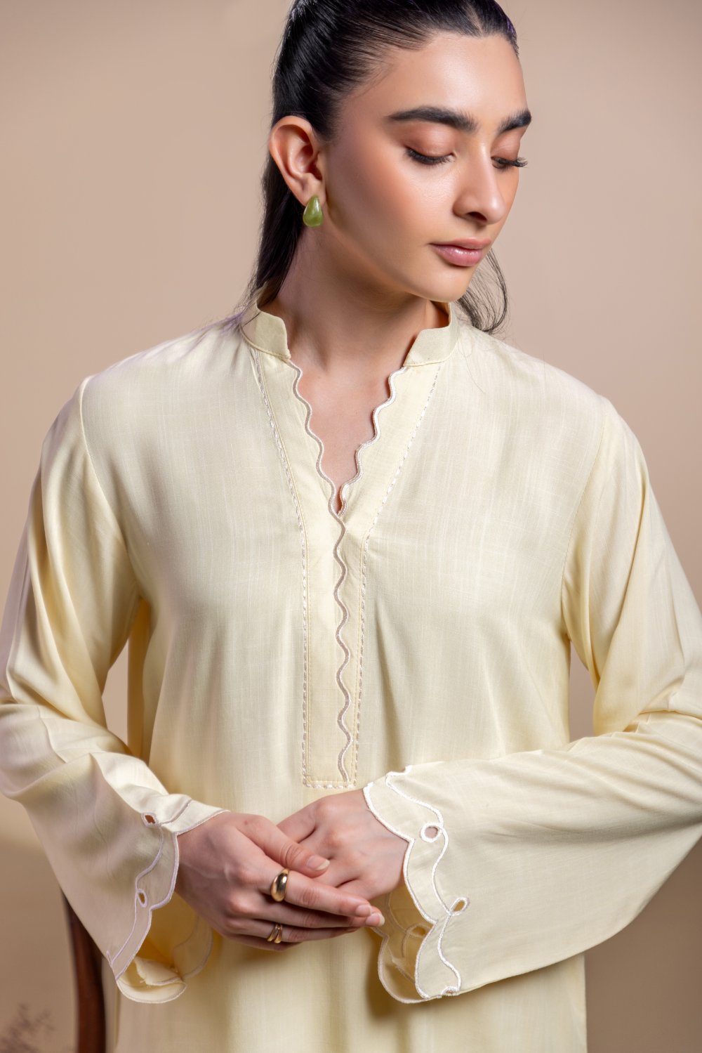 Khushboo &amp; Pankaj Lemon Yellow Scallop Detail Kurta Set