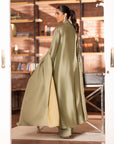 Khushboo & Pankaj Olive Satin Pleated Suit Set with Dupatta